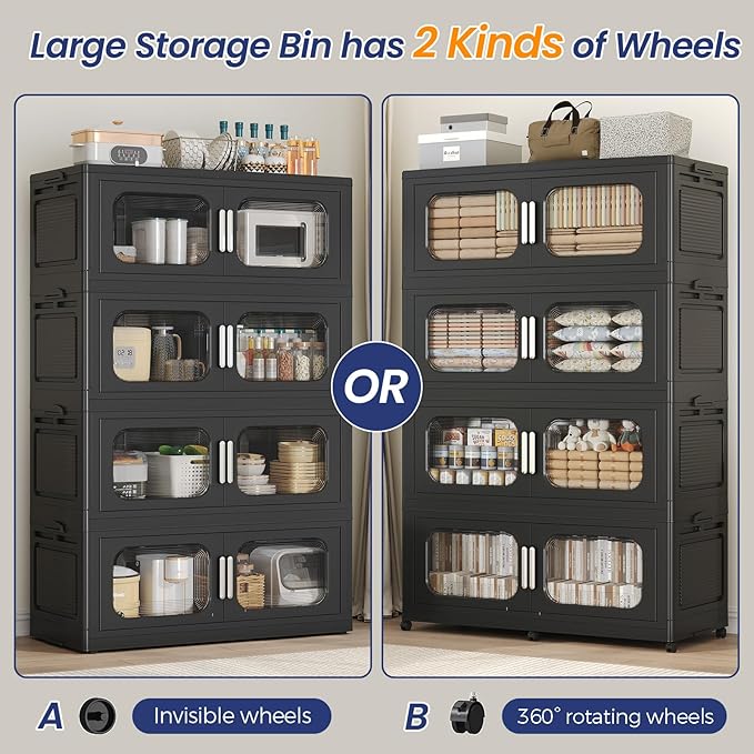 150Gal Exra Large Stackable Storage Bins with Lid, 600QT Collapsible Storage Box with 6x Wheels, Folding Plastic Cabinet Container with Door Drawer for Home Kitchen Office Dorm, 3Pack Black