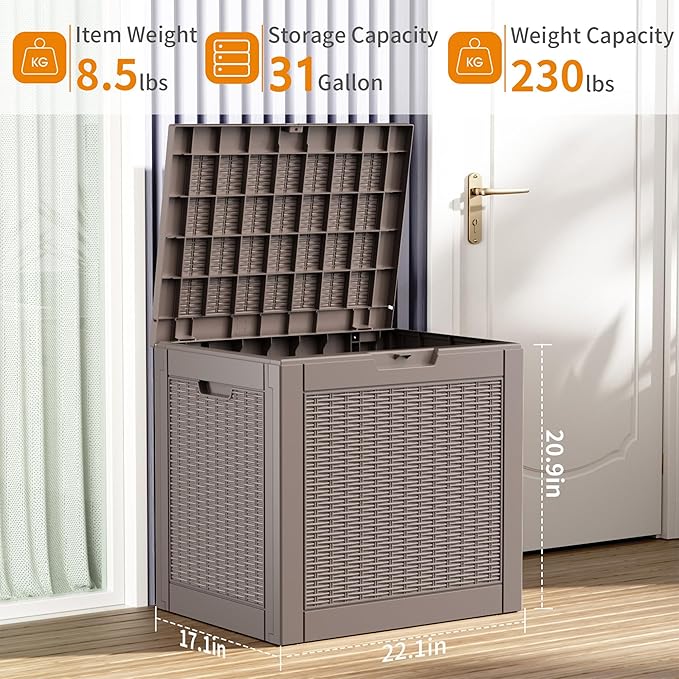 31 Gallon Deck Box Large Outdoor Storage for Patio Furniture,Outdoor Cushions,Garden Tools and Pool Supplies,Waterproof,Resin,Lockable(Grey)