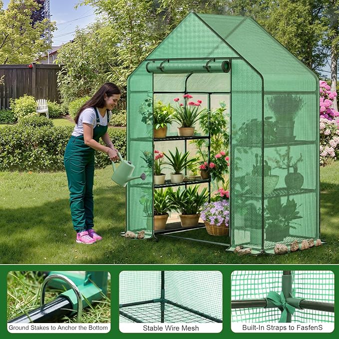 Greenhouse, 56×28×76" Walk in Greenhouse, Portable Green House for Outdoors with Thicken PE Cover, 3 Tiers 8 Shelves for Plants, Flowers, Seedling (Green, 56x28x76 inch)