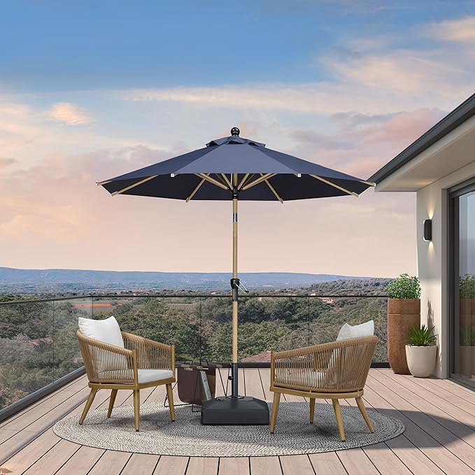 PURPLE LEAF 8 Feet Market Umbrella with Base Patio Umbrella Round Outdoor Table Umbrella with Push Button Tilt & Crank and 8 Ribs Aluminum Outdoor Umbrella for Garden Deck Balcony, Navy Blue