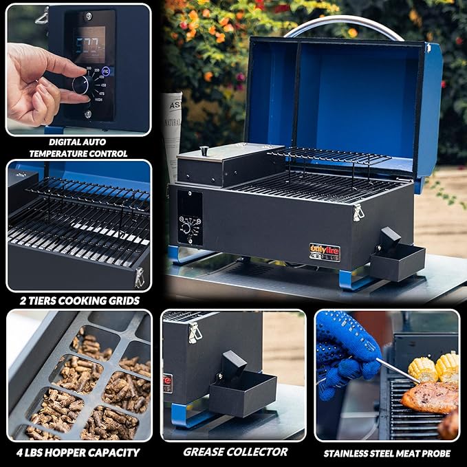 BBQ Wood Pellet Grill Smoker with Digital Control, Meat Probe & 2 Tiers Cooking Area, Portable Tabletop Grilling Stove for BBQ, Smoke, Bake and Roast, RV Camping, Blue GS313