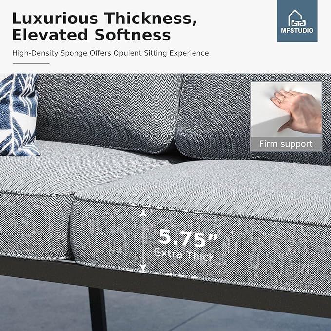 MFSTUDIO 7 Pieces Metal Patio Furniture Sets, 2 Swivel Chairs, 3-Seat Deep Seating Sofa, 2 Single Couch and 2 Ottoman, All Weather 9 Seats Outdoor Conversation Set for Garden Backyard, Grey Cushion