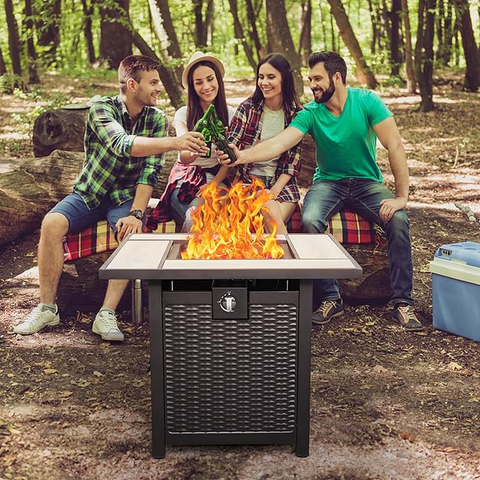 WAROOM Outdoor Propane Fire Pit for Outside, 30 Inch 50,000 BTU Steel Square Gas Firepit Table with Fire Glass and Furniture Cover, for Parties and Gatherings on Patio Garden Backyard Porch