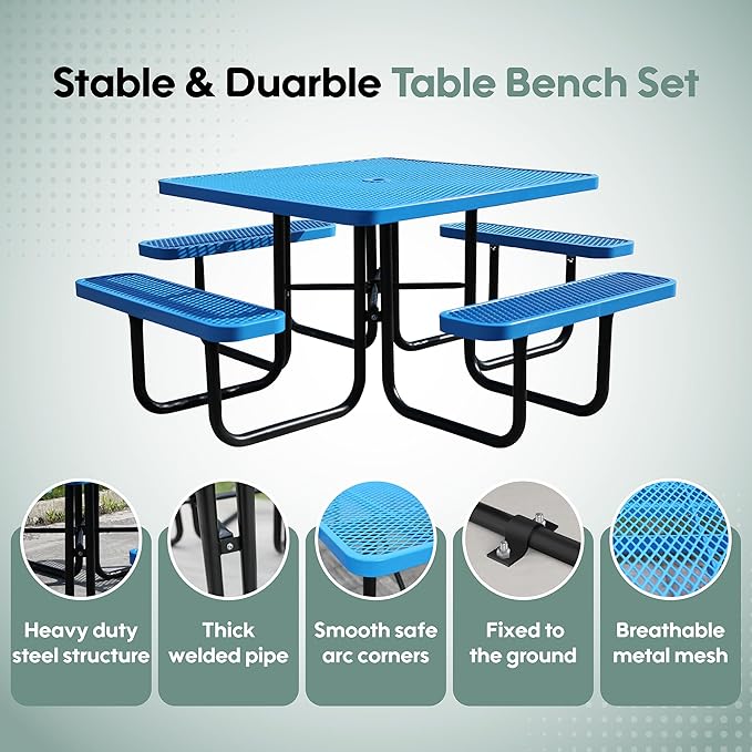 HIMcup 46" Square Picnic Table for Outside,Heavy Duty Metal Picnic Table Bench Set with 2in Umbrella Hole, 1600 lb Capacity,Commercial Dining Table Furniture for Garden Yard Patio Party Coffee Shop