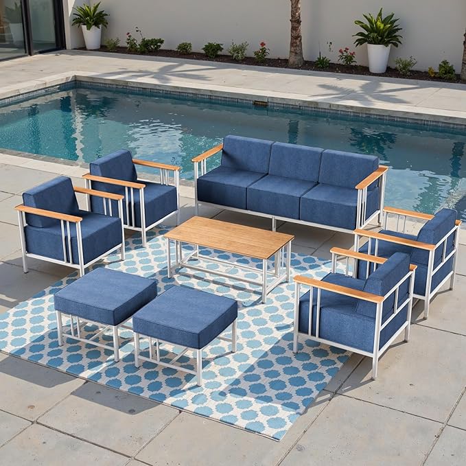 Luxury Patio Furniture Set with 10" Extra Thick Cushions, 8 PCS Outdoor Furniture Set with Patio Chairs & Couch & Coffee Table, Suitable for Porch, Balcony, Deck, Yard, Poolside, White/Blue
