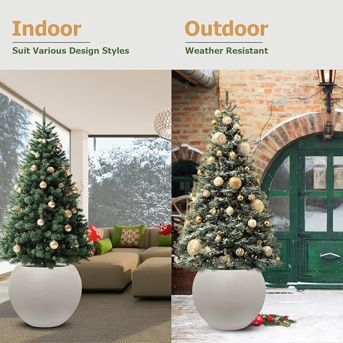 16" H x 20" D Globo Fiberstone Round Planter - Christmas Tree Planter, Smooth Finishes, Weather Resistant for Indoor & Outdoor Use, Included 2 Extra Coco Mats (Taupe, 13.5" Pot Opening)