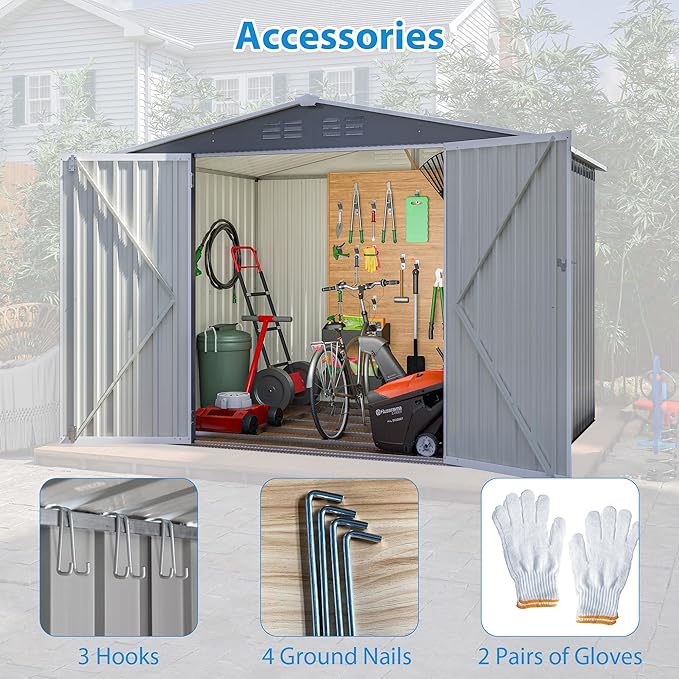 8 x 6 FT Outdoor Storage Shed with Floor Frame,Utility Metal Tool Storage with Lockable Doors,Air Vents & Waterproof Roof, Large Garden Shed for Backyard, Patio Lawn,Gray
