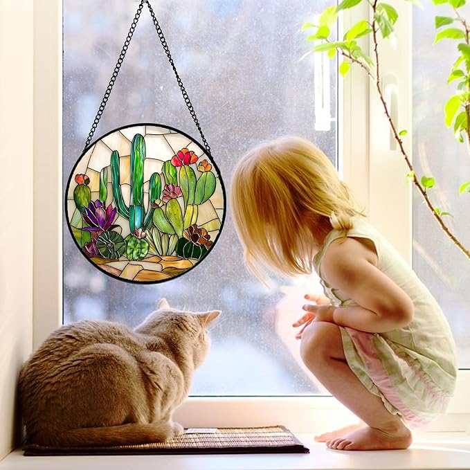 DASTOLL Stained Glass Window Hanging, White Green Cactus Suncatcher Diamond Glass Panel Hangings Sun Catchers Decor for Birthday for Women, Men, Wife, Aunt, and Mom 6.3 in