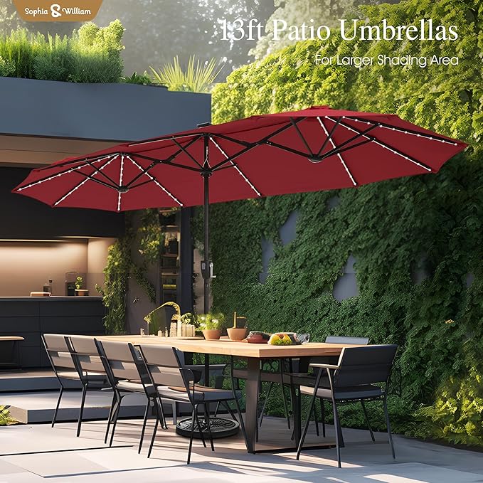 Sophia & William 13ft Outdoor Patio Umbrella with Solar Lights, Large Double-sided Umbrella with LED Lights, Perfect for Garden, Deck, Pool, Burgundy