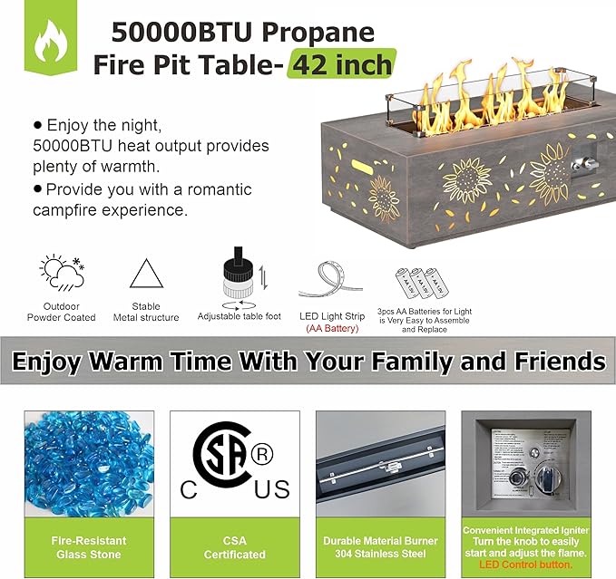 Dineli 2-Piece Outdoor Propane Fire Pit Table Set w Tank Table 42'' Rectangular Gas Fire Pits for Outside Patio Fire Table w LED, 50,000 BTU (Gray, Sunflower Pattern with Warmlight)