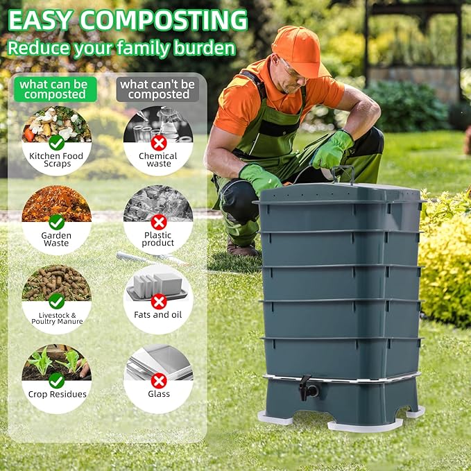 5-Tray Worm Compost Bin, Worm Composter for Outdoor & Indoor, 5-Tray ecocultivatify Wormie's Home Plus, Worm Bin Set for Recycling Household Waste (Dark Green)