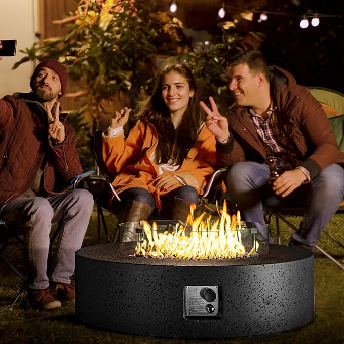 COSIEST 42 inch Outdoor Propane Fire Pit Coffee Table w Concrete Round Base Patio Heater, Certified, 50,000 BTU Stainless Steel Burner, Free Lava Rocks, Wind Guard, Rain Cover, Gray