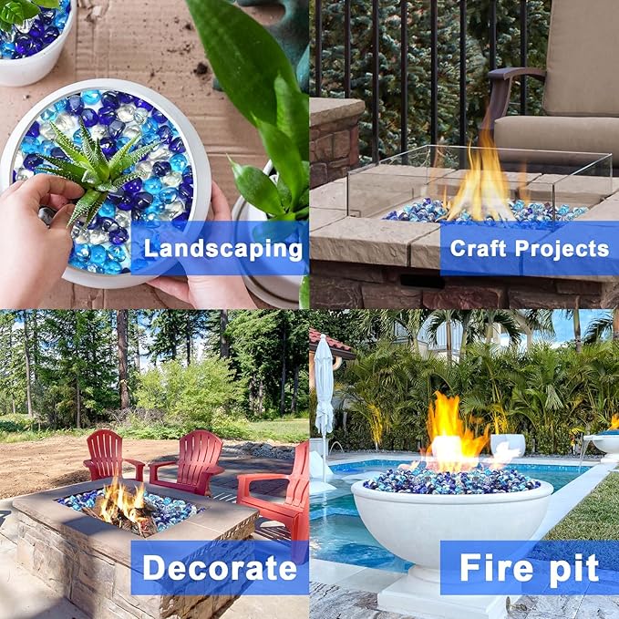 GasSaf Diamonds Fire Glass for Gas or Propane Fire Pit Fireplace & Landscaping 20-Pound 1 inch (Cobalt Blue, Caribbean Blue, Crystal Clear Luster)