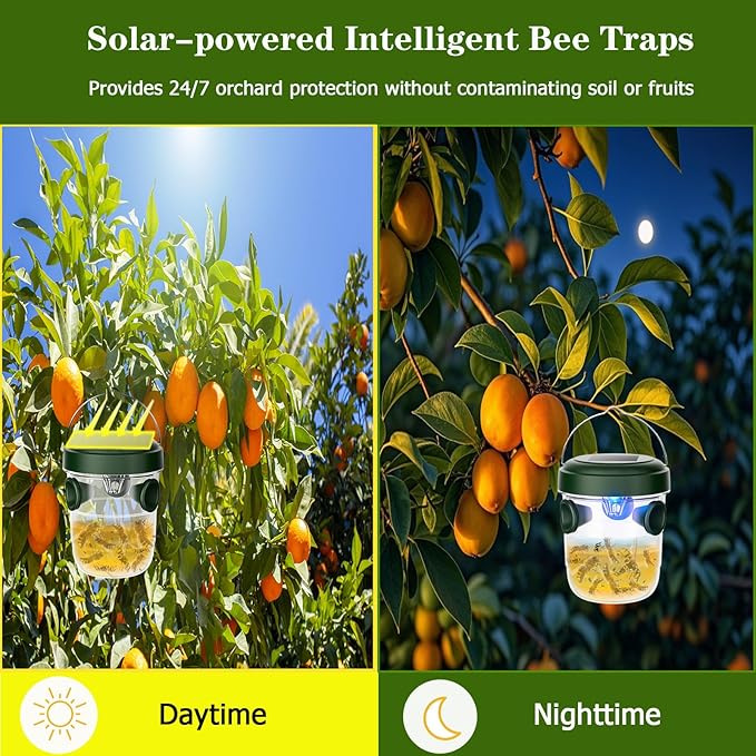 Wasp Traps Outdoor Hanging 4 Packs, Solar Powered Carpenter Bee Trap Yellow Jacket Hornet Catcher with LED Light, Reusable Wasp Deterrent Outdoor for Garden, Patio, Backyard, Camping