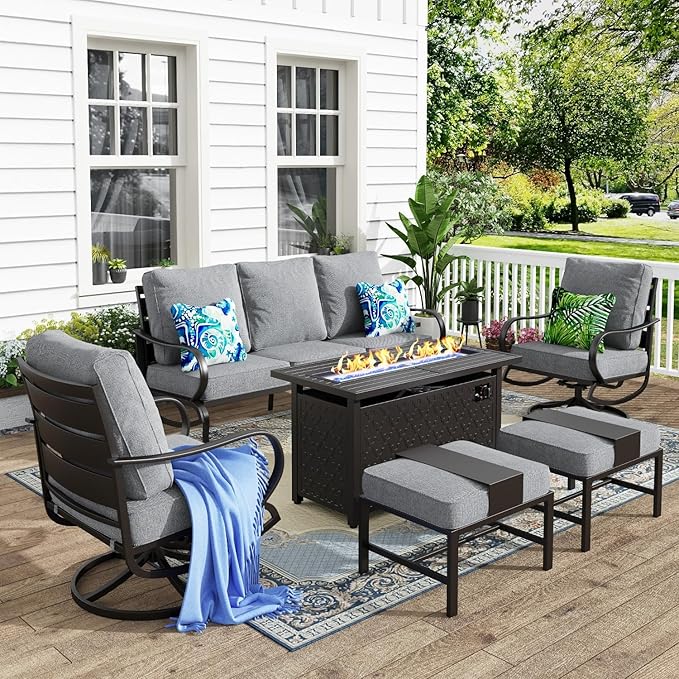 MFSTUDIO 6 Pieces Patio Furniture Sets with 45" Gas Fire Pit Table(Up to 7 Seat),Outdoor Metal Frame Patio Conversation Sofas with 1 x 3-Seat Sofa, 2 Swivel Chairs and 2 Ottoman, Grey Cushion