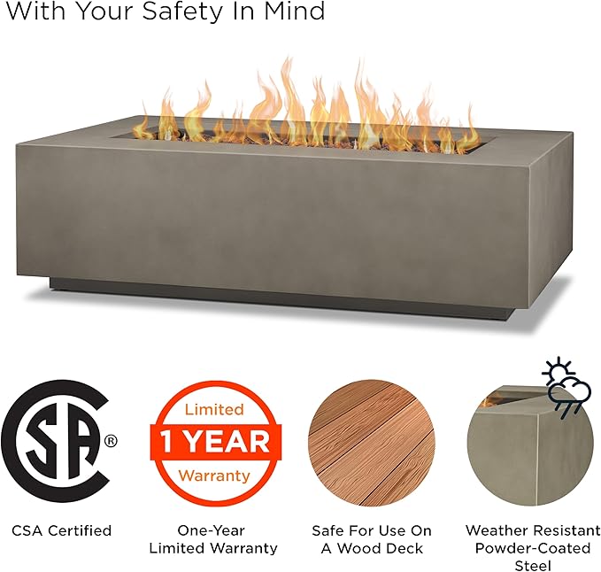 Real Flame Aegean 50in Rectangle Propane or Natural Gas Fire Pit Table, 50,000 BTU, Powder-Coated Steel, Push-Button Ignition, CSA Certified, Lava Rock, Storage Cover, Stainless Steel Burner with Lid