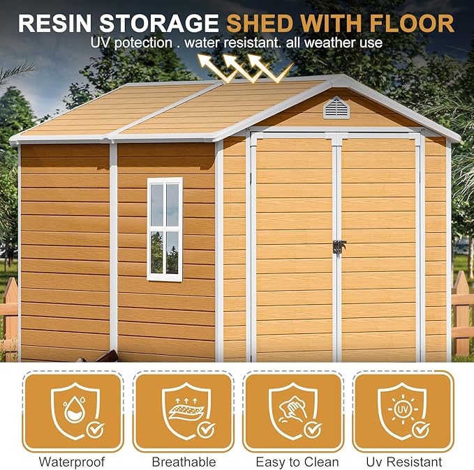 Plastic Sheds 6x8 Resin Outdoor Storage with Floor Included, Waterproof Lockable Garden Shed Tool Cabinet Brown