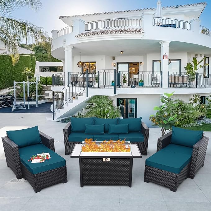 Outdoor Patio Furniture 60000 BTU Outdoor Propane Fire Pit Table Patio Furniture Set 45 In Outdoor Fire Pits 6 Pieces Patio Sofa Outdoor Chairs Anti-slip Cushions Waterproof Covers, Peacock Blue