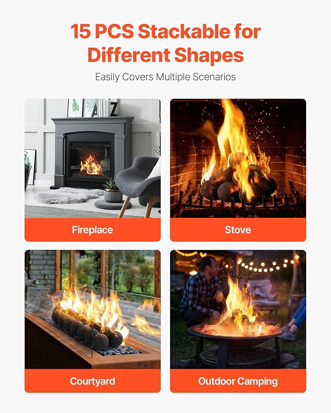 VEVOR Ceramic Fire Balls, 3 Inch 15 Pcs Round Fire Stones, Reusable Lava Rocks Indoor and Outdoor Use, Decorative Fire Pit Rocks for Propane/Gas Fireplace, Stove, Courtyard, Camping, Black