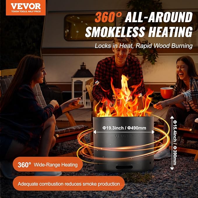 VEVOR 19.3 in Smokeless Fire Pit Stove Bonfire, Wood Burning Fireplaces with Removable Ash Pan, SUS430 Stainless Steel Inner Portable Outdoor Firepit, for Outdoor Patio Camping High 15.4 in