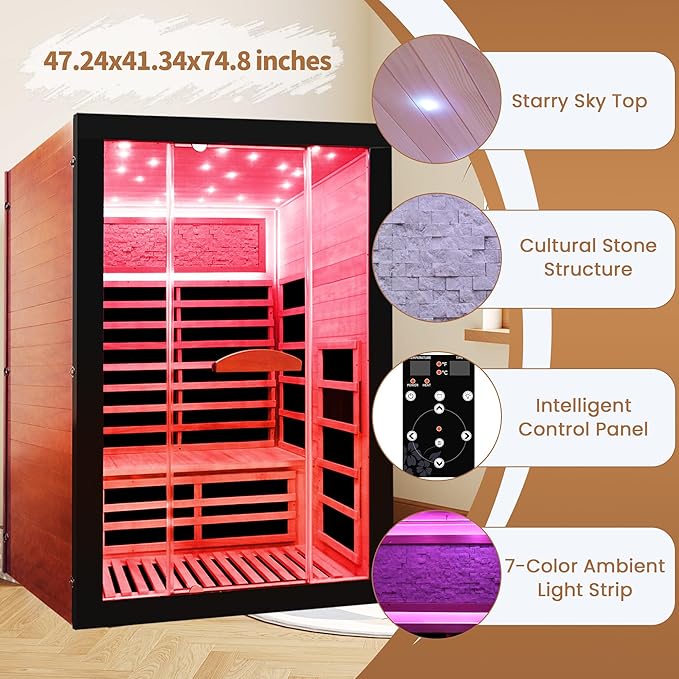 2 Person Far Infrared Home Sauna Low EMF 2000W 110V Wooden Indoor Dry Sauna with Red Light Therapy Bluetooth Speakers 47.24"x41.34"x74.8"