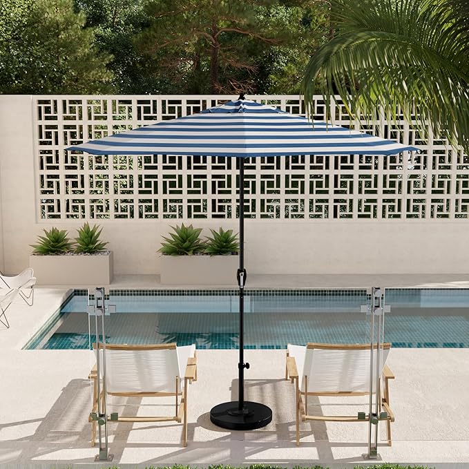 California Umbrella 9' Rd Aluminum Patio Umbrella, Crank Lift, Auto Tilt, Black Finish, Sunbrella Cabana Regatta