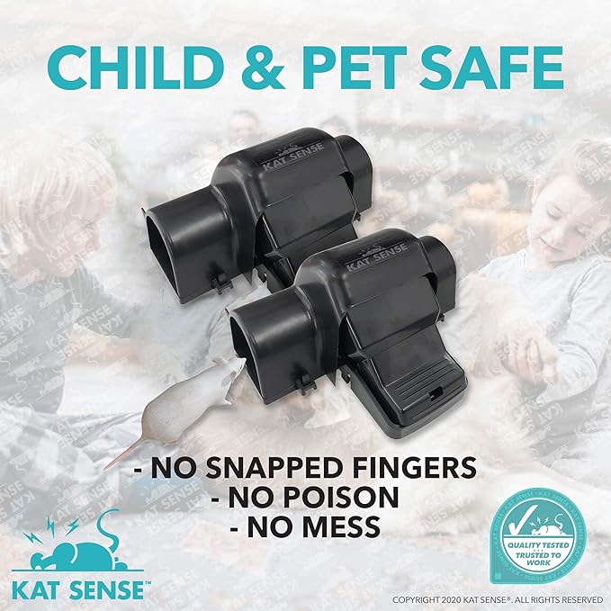Kat Sense Dual Covered Rat & Chipmunk Traps Set of 2 - Humane Rat Trap Indoor & Outdoor Use, Hinders Accidental Triggering, Tunnel Mouse Trap Design, Touch-Free, Snap Traps for Rats, Mice, Chipmunks