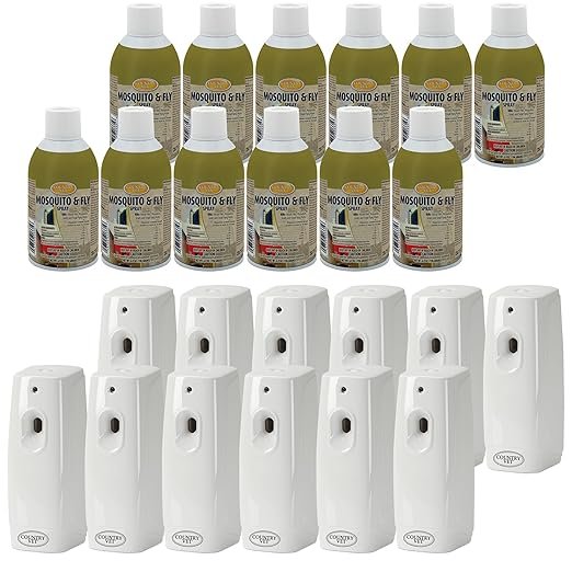 Country Vet Mosquito+Fly Metered Spray Refill (Case of 12) & Automatic Metered Dispenser (Case of 12) - 342033CVA - Great for Barns, Stables, Farms, Stalls and Outdoor Insect/Fly Prevention