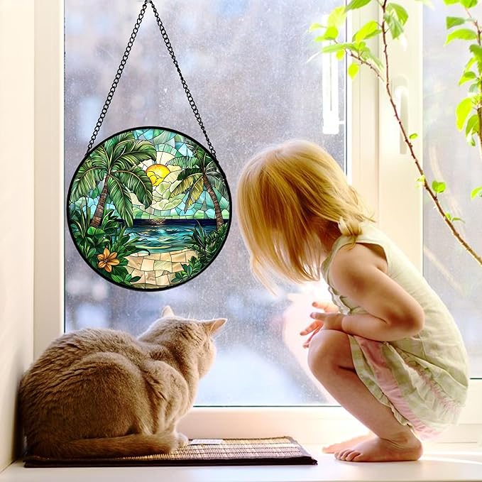 DASTOLL Stained Glass Window Hanging, Green Beach Scenery Suncatcher Diamond Glass Panel Hangings Sun Catchers Decor for Birthday for Women, Men, Wife, Aunt, and Mom 9.8 in