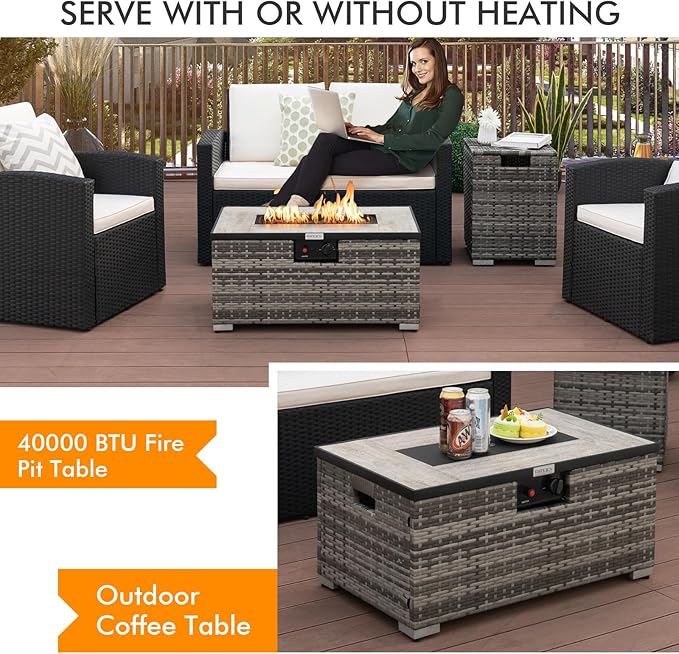 Tangkula 2 Piece Outdoor Propane Fire Pit Table Set with Hideaway Propane Tank Holder, 40,000 BTU Rattan Wicker Fire Pit Table with Lava Rocks, Waterproof Cover, Ideal for Backyard, Patio (Mix Grey)