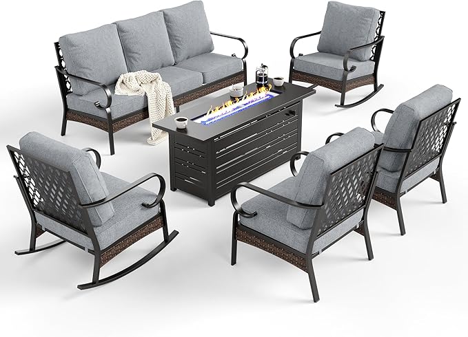 SUNSHINE VALLEY 6 Piece Black Metal Outdoor Patio Furniture Sets with Firepit Table, Patio Conversation Sets 1 3-Seater Sofa, 2 Leg Sofa and 2 Rocking Chair with 5.75" Cushion for Backyard Deck, Gray