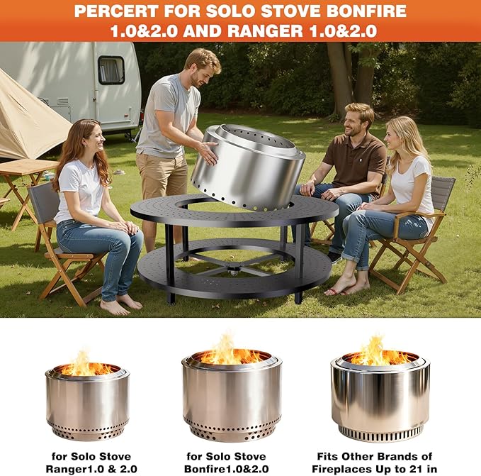 Fire Pit Surround Tabletop for Solo Stove Bonfire 1.0&2.0,Ranger 1.0&2.0, 41" Fire Pit Surround Tabletop with Wood Storage Shelf,Powder-Coated Steel Surround Tabletop with Extra Space and Raised Stand