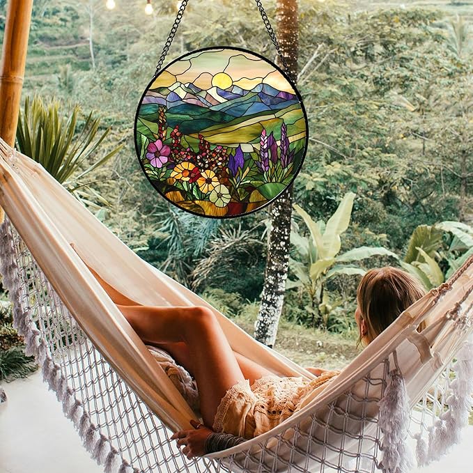 QZQCBLC Stained Glass Window Hanging Purple Wildflowers Pastoral Scenery Large 11.8" - Suncatcher Door Garden Sun Catcher Home Decor Birthday Christmas for Mom Men Woman Friend