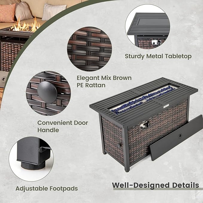 RELAX4LIFE 45’’ Propane Fire Pit Table - 50000 BTU Rattan Outdoor Fire Pit w/Metal Top, Glass Stones, Lid & Protective Cover, Rectangular Gas Fire Pits for Outside Patio Backyard Garden Deck Parties
