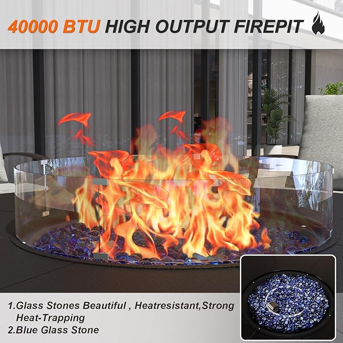 Kurapika 7 Piece Metal Outdoor Patio Furniture Set with Round Fire Pit Table, Patio Conversation Sets 6 Swivel Chairs with Thick Cushion and 40000 BTU Fire Pit Table for Deck, Navy Blue