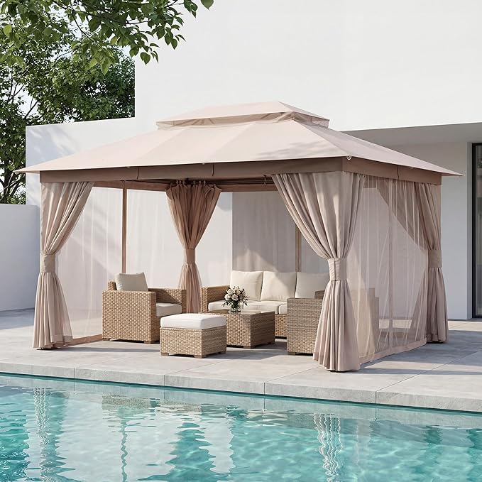 LAUSAINT HOME Outdoor Patio Gazebo 10'x13' with Expansion Bolts, Heavy Duty Party Tent & Shelter with Double Roofs, Mosquito Nettings and Privacy Screens for Backyard (Khaki)