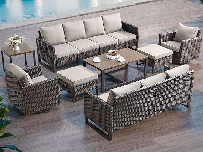 HUMMUH 9 Piece Patio Furniture Set Outdoor Sectional Sofa,High Back Patio Swivel Rocker Chairs with Ottomans Coffee Table for Porch,Garden,Backyard(Brown/Beige)