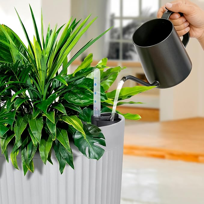 24” Outdoor Tall Planters Set of 2, Self Watering Large Planter Pots for Indoor Plants, Plastic Outdoor Flower Pots with Drainage Hole for Front Porch, Patio (White Ribbed)