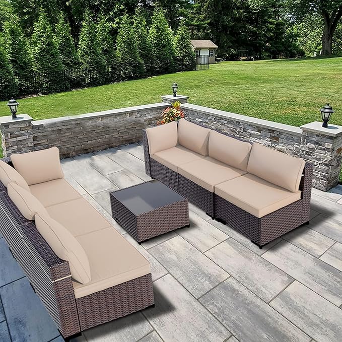 Outdoor Patio Furniture Set, 7 Pieces Outdoor Sectional Furniture Patio Sofa, All-Weather PE Rattan Patio Conversation Set with Tempered Glass Top Table & Cushions
