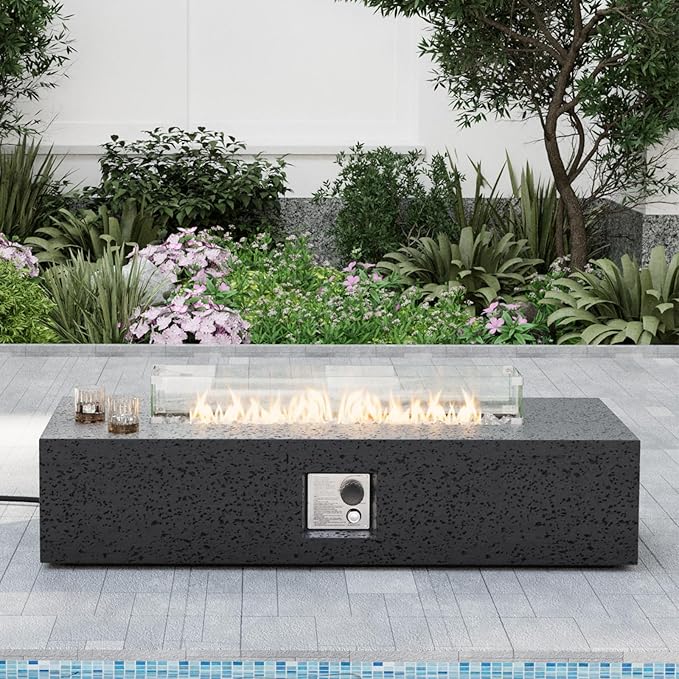 SUNBURY Outdoor Travertine Fire Pit Table, Propane Burning FirePit, 56x28 inch Square Patio Fire Table 50,000 BTU Fire Pit for Outside with Waterproof Cover and Glass Stones, Light Gray