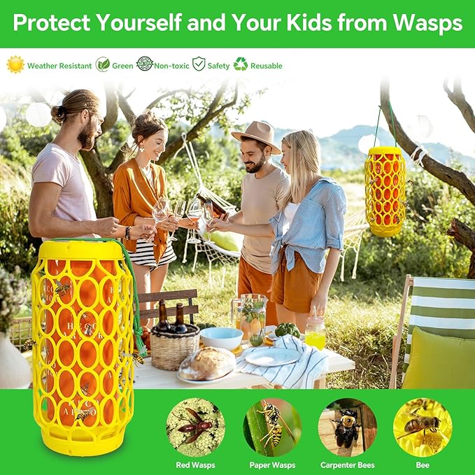 2 Pack Wasp Trap Outdoor Hanging, Wasps Traps for Patio with Honey Tray, 6 PCS Refillable Sticky Papers, Outdoor Sticky Yellow Jacket Bee Trap Insects Catcher, Fly Bug Insect Deterrent Killer