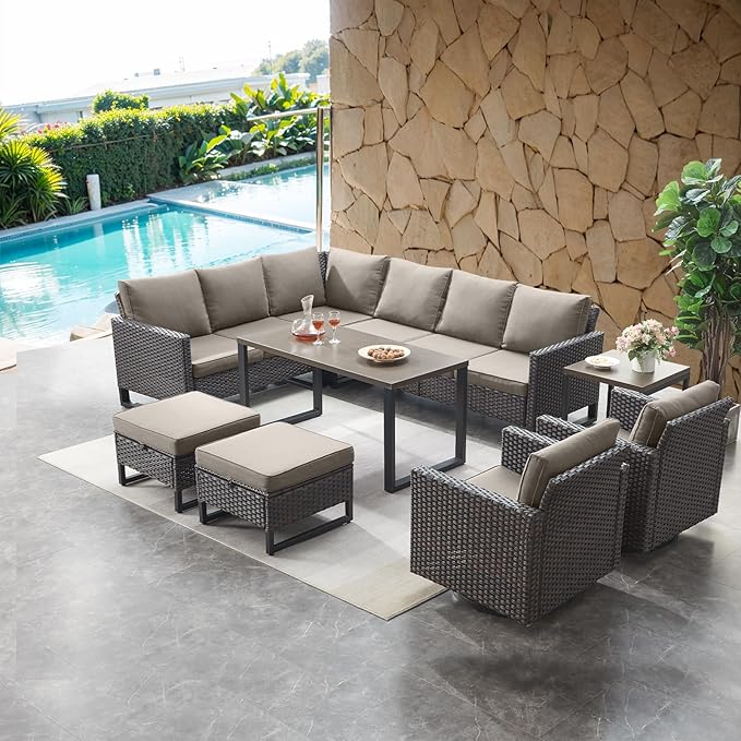 HUMMUH 8 Piece Patio Furniture Set PE Wicker Outdoor Sectional Sofa and Patio Swivel Chairs Outdoor Dining Table Ottomans for Porch,Garden,Backyard,Deck(Brown/Grey)