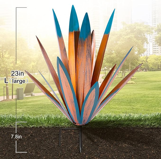 Homight Large Agave Sculpture Rustic Metal Agave Plant Outdoor Interior Decoration Outdoor Lawn Decoration Yard Wooden Posts Matching Garden Suitable for Patio