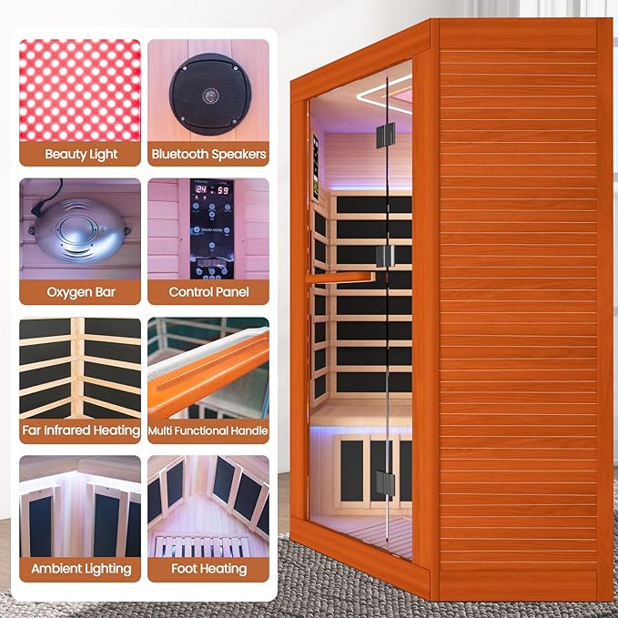 2-3 Person Sauna Corner Sauna Far Infrared Saunas Room Home Canadian Hemlock Indoor 2100W Low-EMF Dry Saunas with Red Light Therapy Beauty Lamp 47.2 * 47.2 * 74.8inch
