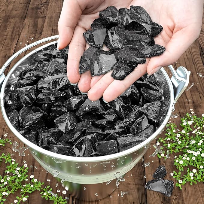 GRISUN Onyx Black Fire Glass for Fire Pit, 20 Pounds 1/2 Inch Tempered Glass Rocks for Natural or Propane Fireplace, Safe for Outdoors and Indoors Firepit Glass