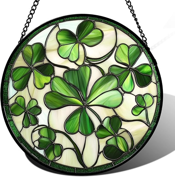 CRISGIF Stained Glass Window Hanging - Ireland Green Lucky Clover Suncatcher for Doors Garden St. Patrick's Day Sun Catchers Decor Mother's Day Birthday for Women Men Mom Nana 6.3 in