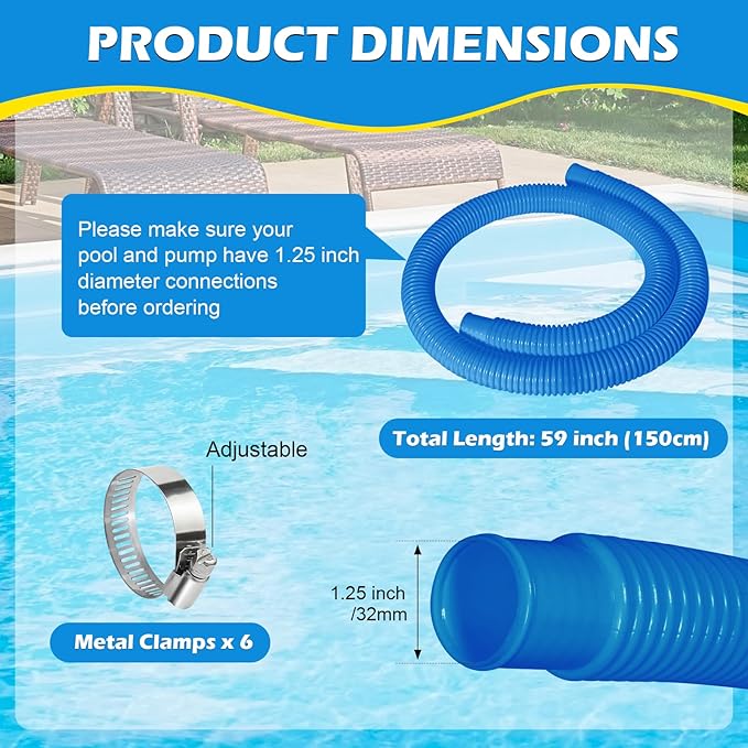 2 Pcs 1.25" Pool Hose, 59" Long Accessory Pool Pump Replacement Hoses, Compatible with All Above Ground Pool Filter Pumps that Use 1 1/4 Diameter Hoses