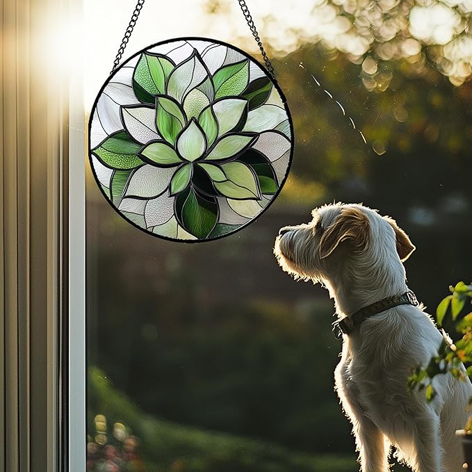 CRISGIF Stained Glass Window Hanging - Ireland Green Plants Suncatcher for Doors Garden Succulent Sun Catchers Decor Mother's St. Patrick's Day Birthday for Women Men Mom Nana 7.8 in