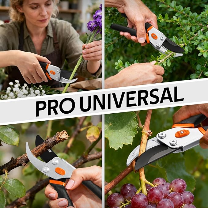 Bypass Pruning Shears for Gardening, 8.5" Professional Hand Pruners, Garden Clippers Heavy Duty Pruning Scissors for Trimming Plant Flower Branch, 【SK5 Steel Blade】【Ergonomic】【Built-in Spring】