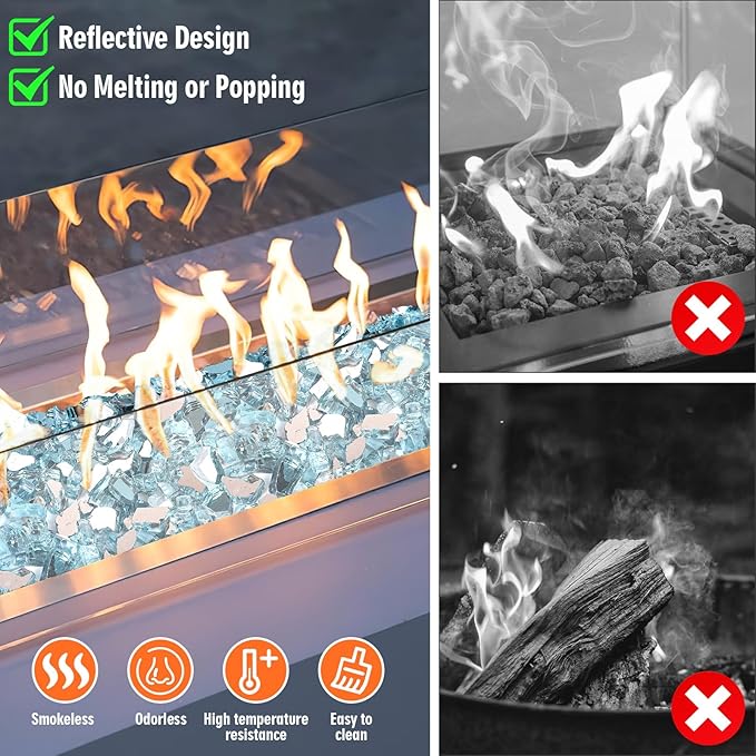 Mesida 1/4 Inch Reflective Fire Glass for Propane Fire Pit – 10 lb Tempered Glass Rocks for Gas Fireplace, Fire Bowl & Patio Landscape Decoration,Pacific Blue